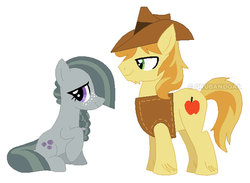 Size: 490x358 | Tagged: safe, artist:grubandgaming16th, edit, braeburn, marble pie, g4, alternate hairstyle, braeburn's hat, chin fluff, clothes, cropped, cutie mark, female, freckles, leg fluff, male, ship:braeble, shipping, sitting, standing, straight, vest, watermark