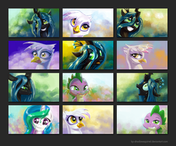 Size: 1040x860 | Tagged: safe, artist:kp-shadowsquirrel, gilda, princess celestia, queen chrysalis, spike, alicorn, changeling, changeling queen, dragon, griffon, pony, g4, .zip file at source, female, mare, wallpaper pack