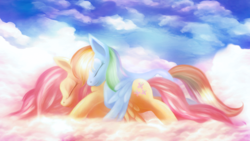 Size: 1920x1080 | Tagged: safe, artist:macalaniaa, fluttershy, rainbow dash, pegasus, pony, g4, cloud, cuddling, eyes closed, female, lesbian, mare, on a cloud, photoshop, ship:flutterdash, shipping, sky, sleeping, sleeping together, spread wings, wallpaper, wings