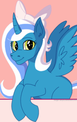 Size: 666x1051 | Tagged: safe, artist:burger-senpai, oc, oc:fleurbelle, alicorn, pony, adorabelle, adorable face, alicorn oc, bow, cute, female, hair bow, happy, hooves, long hair, long mane, long tail, mare, pink background, ribbon, simple background, smiling, wings, yellow eyes