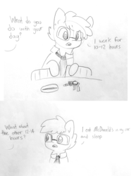 Size: 1812x2433 | Tagged: safe, artist:tjpones, oc, oc only, oc:tjpones, earth pony, pony, car keys, comic, dialogue, ear fluff, ear piercing, glasses, grayscale, key, keychain, lineart, male, monochrome, necktie, offscreen character, pencil drawing, piercing, simple background, solo, stallion, traditional art, white background