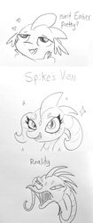 Size: 860x2048 | Tagged: safe, artist:tjpones, princess ember, spike, dragon, g4, comic, daydream, dialogue, dragoness, female, heart, lidded eyes, lineart, male, reality ensues, sharp teeth, ship:emberspike, shipping, simple background, sparkles, straight, teeth, traditional art