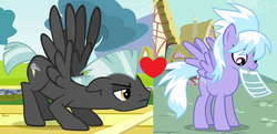 Size: 1045x504 | Tagged: safe, edit, edited screencap, screencap, cloudchaser, thunderlane, pegasus, pony, g4, female, heart, looking down, male, mare, mouth hold, ship:thunderchaser, shipping, shipping domino, spread wings, stallion, straight, wings