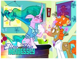 Size: 543x420 | Tagged: safe, artist:pixelkitties, doctor muffin top, mistmane, earth pony, pony, unicorn, g4, anatomy chart, chart, doctor, doctor's office, duo, elley-ray hennessey, female, flower, glasses, head mirror, male, mare, pixelkitties' brilliant autograph media artwork, sneezing, stallion, tissue box