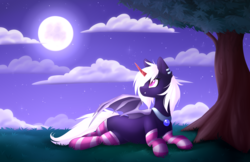 Size: 5100x3300 | Tagged: safe, artist:scarlet-spectrum, oc, oc only, oc:chiarezza, bat pony, pony, vampire, absurd resolution, bat pony oc, clothes, commission, fangs, female, jewelry, looking over shoulder, looking up, lying down, mare, moon, night, night sky, not an alicorn, pendant, prosthetic horn, prosthetics, sky, smiling, socks, solo, striped socks, tree