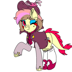 Size: 768x768 | Tagged: safe, artist:spero, oc, oc only, oc:spero, monster pony, original species, pony, tatzlpony, beauty mark, button, clothes, cute, cutie mark, eyebrows, eyeshadow, hat, looking at you, makeup, one eye closed, raised hoof, shoes, smiling, socks, solo, vest, wink