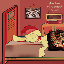 Size: 1125x1125 | Tagged: safe, artist:la artillería, roseluck, pony, g4, bed, cobertor san marcos, dialogue, female, photo, radio, sleeping, solo, spanish