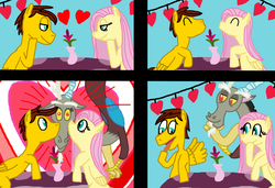 Size: 3149x2154 | Tagged: safe, artist:sb1991, discord, fluttershy, oc, oc:film reel, pegasus, pony, g4, cheek kiss, comic, decoration, flower, giggling, heart, hearts and hooves day, high res, holiday, kissing, kissy face, lidded eyes, pondering, table, valentine's day, vase