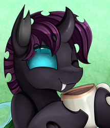 Size: 1722x2003 | Tagged: safe, artist:pridark, oc, oc only, oc:briz, changeling, blue eyes, bust, changeling oc, commission, cup, cute, drink, one eye closed, portrait, smiling, solo, wink