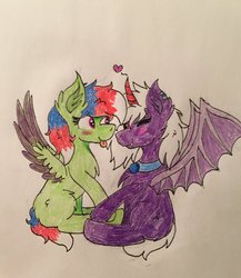 Size: 1041x1200 | Tagged: safe, artist:skycrystal, oc, oc only, oc:chiarezza, oc:emerald storm, bat pony, pegasus, pony, :p, bat pony oc, bat wings, blushing, colored pencil drawing, colored sketch, colored wings, ear fluff, ear piercing, fangs, female, heart, holding hooves, jewelry, lesbian, looking at each other, not an alicorn, nuzzling, oc x oc, one eye closed, pendant, piercing, prosthetic horn, prosthetics, shipping, silly, sitting, tongue out, traditional art, wings