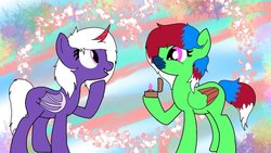 Size: 1024x576 | Tagged: artist needed, safe, oc, oc only, oc:chiarezza, oc:emerald storm, bat pony, pegasus, pony, bat pony oc, colored muzzle, colored wings, engagement ring, fangs, female, lesbian, looking at each other, love, marriage proposal, not an alicorn, prosthetic horn, prosthetics, ring, wings