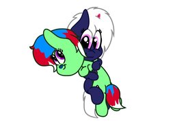 Size: 1024x768 | Tagged: safe, artist:connor d gregory, oc, oc only, oc:chiarezza, oc:emerald storm, bat pony, pegasus, pony, bat pony oc, colored muzzle, colored wings, female, holding, huggle, lesbian, looking at each other, prosthetic horn, prosthetics, simple background, white background