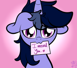 Size: 4000x3550 | Tagged: safe, artist:php142, oc, oc only, oc:purple flix, pony, unicorn, cute, floppy ears, gradient background, heart, holiday, looking at you, male, paper, signature, solo, text, valentine's day, watermark