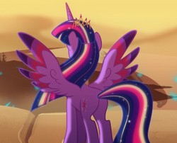 Size: 372x301 | Tagged: safe, artist:light262, artist:lummh, twilight sparkle, alicorn, pony, comic:timey wimey, g4, colored wings, comic, cropped, crown, female, jewelry, mare, multicolored wings, older, older twilight, rainbow power, rear view, regalia, solo, spread wings, twilight sparkle (alicorn), ultimate twilight, wings