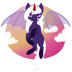 Size: 800x800 | Tagged: safe, artist:smiki, oc, oc only, oc:chiarezza, bat pony, pony, bat pony oc, bat wings, colored hooves, female, flying, looking at you, mare, missing accessory, not an alicorn, prosthetic horn, prosthetics, simple background, smiling, solo, transparent background, transparent wings, wings