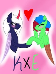 Size: 768x1024 | Tagged: artist needed, safe, oc, oc only, oc:chiarezza, oc:emerald storm, bat pony, pony, ^w^, bat pony oc, blushing, colored wings, female, giggling, holding hooves, lesbian, looking at each other, love, mare, oc x oc, shipping, underhoof