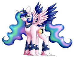 Size: 3127x2399 | Tagged: safe, artist:black-magic101, princess celestia, princess luna, alicorn, pony, g4, colored wings, colored wingtips, commission, commissioner:bigonionbean, ethereal mane, female, fusion, high res, jewelry, mare, regalia, simple background, solo, spread wings, starry mane, transparent background, unshorn fetlocks, wings