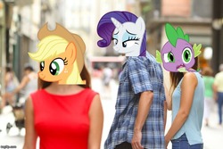 Size: 750x500 | Tagged: safe, edit, applejack, rarity, spike, pony, g4, distracted boyfriend meme, female, lesbian, male, meme, meta, ship:rarijack, shipping