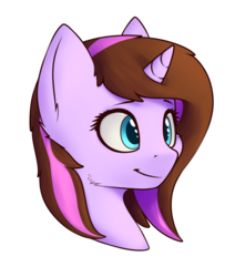 Size: 3122x3690 | Tagged: safe, alternate version, artist:renderpoint, oc, oc only, oc:violet rose, pony, unicorn, blue eyes, brown mane, bust, cheek fluff, commission, female, happy, high res, mare, pink mane, portrait, simple background, smiling, solo, transparent background, two toned hair