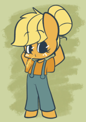 Size: 1043x1472 | Tagged: safe, artist:typhwosion, applejack, earth pony, semi-anthro, g4, alternate hairstyle, ambiguous facial structure, clothes, cute, dungarees, female, hair bun, jackabetes, solo, straw in mouth