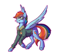 Size: 1993x1821 | Tagged: safe, artist:spetu, rainbow dash, pony, g4, bomber jacket, clothes, female, grin, jacket, signature, simple background, smiling, smirk, solo, spread wings, sunglasses, transparent background, wings