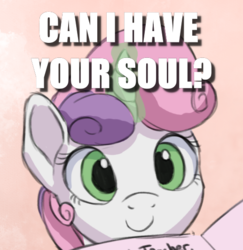 Size: 517x531 | Tagged: safe, artist:vanillaghosties, edit, sweetie belle, pony, g4, caption, cute, diasweetes, hnnng, image macro, question, text