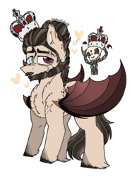 Size: 2099x2699 | Tagged: safe, artist:myfantasy08, oc, oc only, oc:stanley echonnus, demon, pony, beard, body fluff, broken horns, chains, crown, cutie mark, demon horns, demon wings, ear fluff, eye scar, facial hair, folded wings, glass eye, heart, high res, jewelry, large wings, looking at you, male, married, old king, padlock, padlocked collar, ponytail, regalia, scar, simple background, skull, solo, stains, stressed, unshorn fetlocks, white background, wings