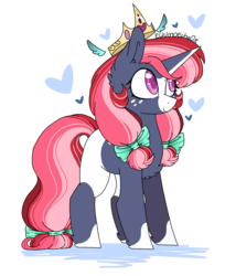 Size: 2199x2699 | Tagged: safe, artist:myfantasy08, oc, oc only, oc:meggan radiant, cow, pony, beautiful mane, bow, chest fluff, crown, eyelashes, female, freckles, hair bow, head fluff, heart, high res, hoof fluff, jewelry, looking up, magic crown, married, multicolored body, multicolored mane, regalia, solo, standing, tail bow, unicorn cow, wings