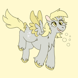 Size: 1000x1000 | Tagged: safe, artist:sodaaz, derpy hooves, pegasus, pony, g4, beanbrows, bubble, cheek fluff, chest fluff, colored hooves, cute, derpabetes, eyebrows, female, leg fluff, solo, two toned wings, unshorn fetlocks