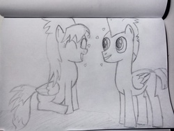 Size: 2592x1944 | Tagged: safe, artist:frozentear7, cloudchaser, thunderlane, pony, g4, eyes closed, female, heart, laughing, male, monochrome, open mouth, pencil drawing, ship:thunderchaser, shipping, sitting, sketch, straight, traditional art