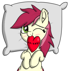 Size: 975x1011 | Tagged: safe, artist:nuxersopus, roseluck, pony, g4, blushing, female, heart, pillow, solo, transparent