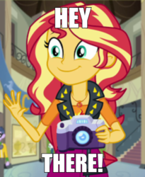 Size: 600x731 | Tagged: safe, edit, edited screencap, editor:twilyisbestpone, screencap, micro chips, sunset shimmer, equestria girls, equestria girls specials, g4, my little pony equestria girls: better together, my little pony equestria girls: forgotten friendship, bronybait, camera, caption, cropped, cute, geode of empathy, image macro, magical geodes, meme, shimmerbetes, smiling, text, waving