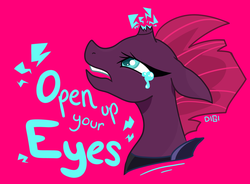 Size: 1280x944 | Tagged: safe, artist:diginami, tempest shadow, pony, unicorn, g4, broken horn, bust, crying, female, floppy ears, horn, magic, no more ponies at source, open mouth, open up your eyes, pink background, portrait, profile, simple background, solo