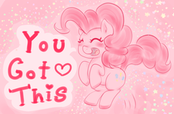 Size: 832x546 | Tagged: safe, artist:hime--sweetiepie, pinkie pie, earth pony, pony, g4, blushing, cute, dialogue, diapinkes, eyes closed, female, heart, positive ponies, solo, speech bubble, stars, you got this