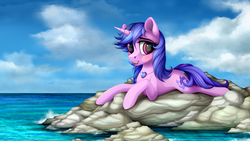 Size: 4160x2340 | Tagged: safe, alternate version, artist:vird-gi, sea swirl, seafoam, pony, unicorn, g4, accessory, background pony, blushing, cloud, female, jewelry, looking at you, lying down, mare, necklace, ocean, prone, rock, sky, smiling, solo
