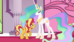 Size: 1920x1080 | Tagged: safe, screencap, princess celestia, sunset shimmer, alicorn, pony, unicorn, equestria girls, equestria girls series, forgotten friendship, g4, begging, carpet, fear, female, forgiveness, mare, reconciliation, red carpet, remorse, reunion, smiling, stained glass, the prodigal sunset, throne room