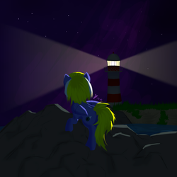 Size: 960x960 | Tagged: safe, artist:jerryenderby, artist:睿毛, oc, oc only, oc:enderby, pegasus, pony, lighthouse, night, ocean, solo