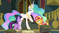 Size: 1920x1080 | Tagged: safe, screencap, princess celestia, sunset shimmer, twilight sparkle, alicorn, pony, unicorn, equestria girls, equestria girls series, forgotten friendship, book, door, ethereal mane, female, library, mare, reunion, stairs, the prodigal sunset, trio, twilight sparkle (alicorn)