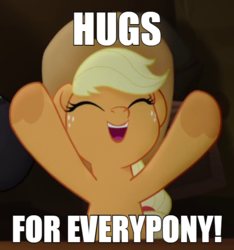 Size: 600x641 | Tagged: safe, edit, edited screencap, editor:twilyisbestpone, screencap, applejack, earth pony, pony, g4, my little pony: the movie, adorable face, bronybait, caption, cowboy hat, cowgirl, cropped, cute, eyes closed, female, freckles, free hugs, happlejack, happy, hat, hooves up, image macro, jackabetes, mare, smiling, solo, text