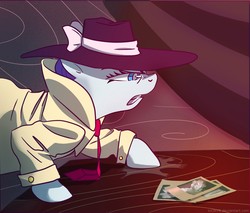 Size: 1300x1107 | Tagged: safe, artist:incmyk, rarity, pony, g4, rarity investigates, clothes, detective, detective rarity, disgusted, female, gritted teeth, hat, necktie, photos, profile, solo, trenchcoat