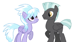 Size: 562x317 | Tagged: safe, edit, cloudchaser, thunderlane, pegasus, pony, g4, duo, female, looking at each other, looking at someone, male, mare, raised leg, ship:thunderchaser, shipping, simple background, stallion, straight, white background