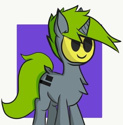 Size: 720x733 | Tagged: safe, oc, oc only, pony, unicorn, chest fluff, covered face, emotionless, face mask, first time, gray coat, green mane, green tail, hiding face, mask, simple background, smiley face, solo