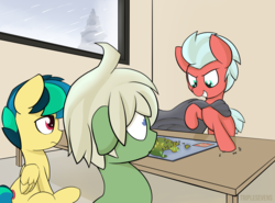 Size: 2500x1845 | Tagged: safe, artist:triplesevens, oc, oc:apogee, oc:marching order, earth pony, pegasus, pony, board game, colt, female, filly, foal, game, indoors, male, risk, snow, table, tree, trio