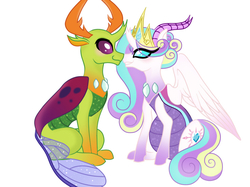 Size: 1024x767 | Tagged: safe, artist:owocrystalcatowo, thorax, oc, oc:crystal heart, changedling, changeling, changepony, g4, female, king thorax, male, parents:canon x oc, pregnant, simple background, straight, white background