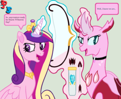 Size: 1132x928 | Tagged: safe, artist:peregrinstaraptor, princess cadance, oc, oc:carapace, pony, g4, arrow, bow (weapon), bow and arrow, magic, quiver, simple background, weapon
