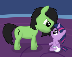 Size: 3677x2895 | Tagged: safe, artist:cleverround, twilight sparkle, oc, oc:filly anon, alicorn, pony, ail-icorn, g4, interseason shorts, age regression, baby, baby pony, babylight sparkle, chest fluff, cute, diaper, duo, female, filly, foal, frown, high res, looking at each other, looking down, raised leg, sad, sitting, smiling, smug, twiabetes, twilight sparkle (alicorn), twilight's castle