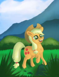 Size: 2246x2960 | Tagged: safe, artist:coldmix, applejack, earth pony, pony, g4, chest fluff, female, grass, high res, mare, raised hoof, solo