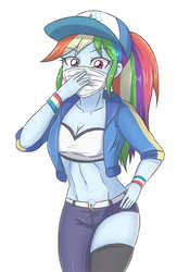 Size: 1874x2874 | Tagged: safe, artist:sumin6301, rainbow dash, equestria girls, g4, abs, akali, belly button, breasts, cleavage, clothes, crossover, female, jacket, k-pop, k/da, league of legends, midriff, pants, sexy, simple background, solo, tube top, white background, wristband