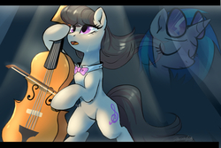 Size: 1800x1200 | Tagged: safe, artist:oofycolorful, dj pon-3, octavia melody, vinyl scratch, earth pony, pony, unicorn, i am octavia, g4, bow, bowtie, bust, cello, crying, eyes closed, female, letterboxing, mare, musical instrument, open mouth, signature