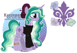 Size: 1024x703 | Tagged: safe, artist:kazziepones, oc, oc only, oc:fleur bisou, pony, unicorn, beret, clothes, female, hat, mare, reference sheet, solo, sweater